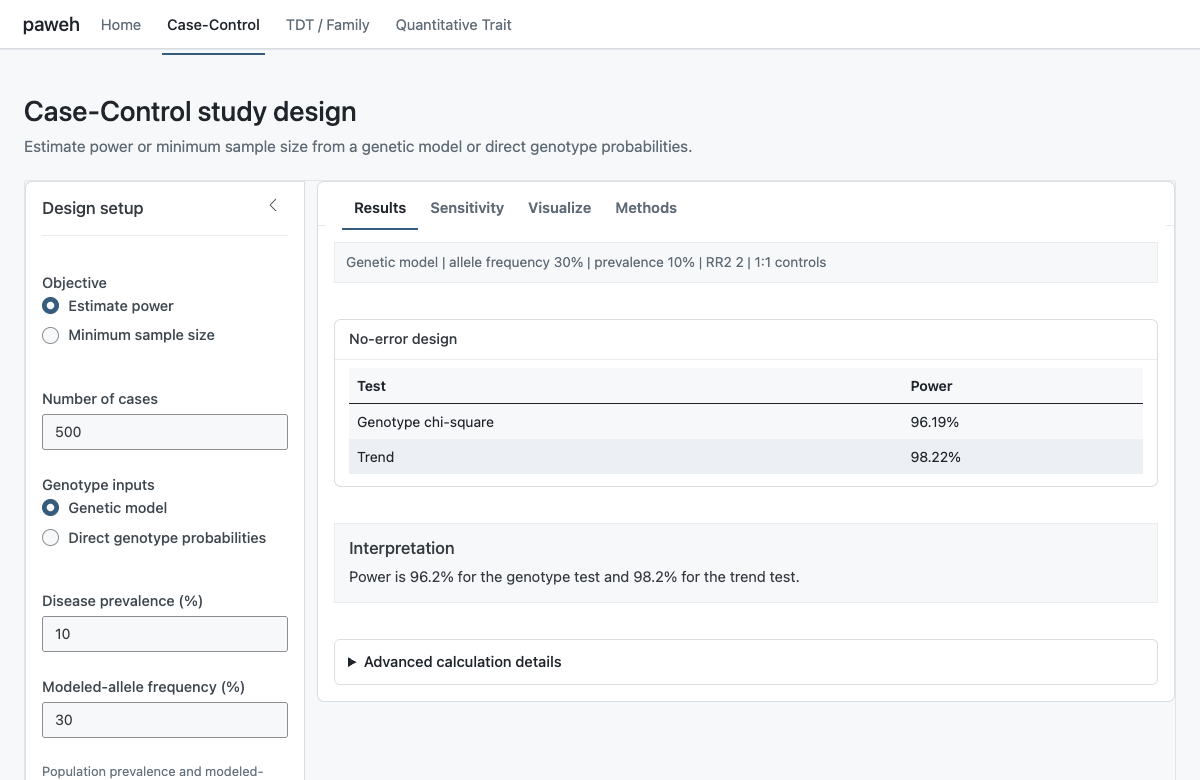 Case-Control dashboard showing calculated genotype chi-square and trend-test power with the frozen study-design summary.