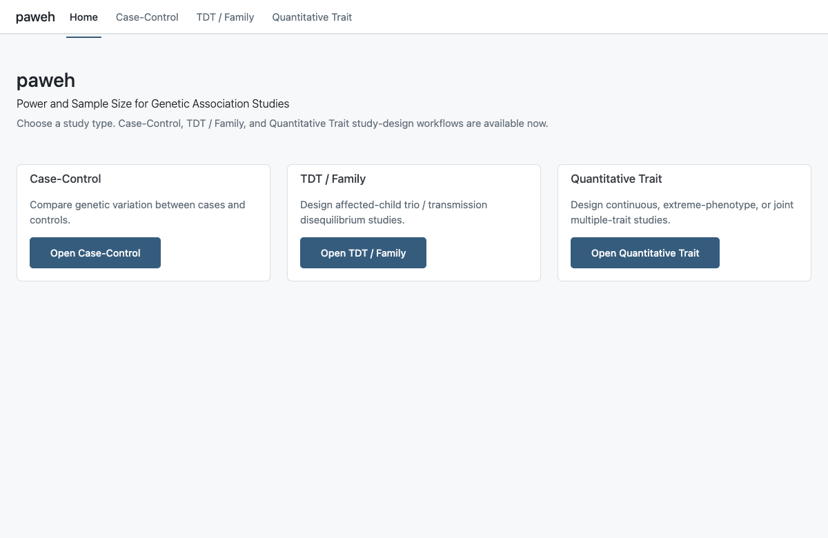 Home page of the paweh dashboard showing Case-Control, TDT or Family, and Quantitative Trait study families.
